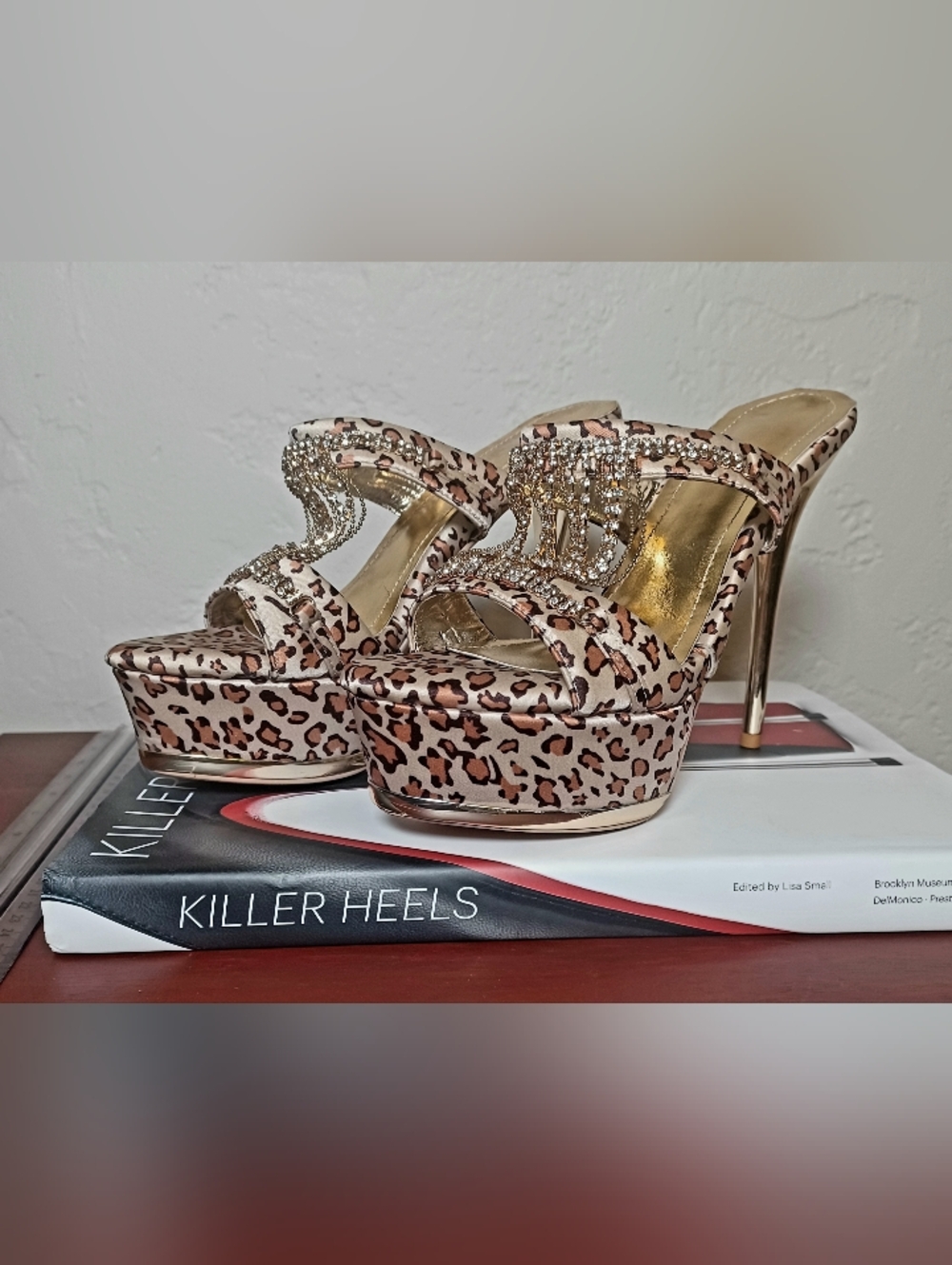 Leopard Print Stiletto Heels with Rhinestone Accents